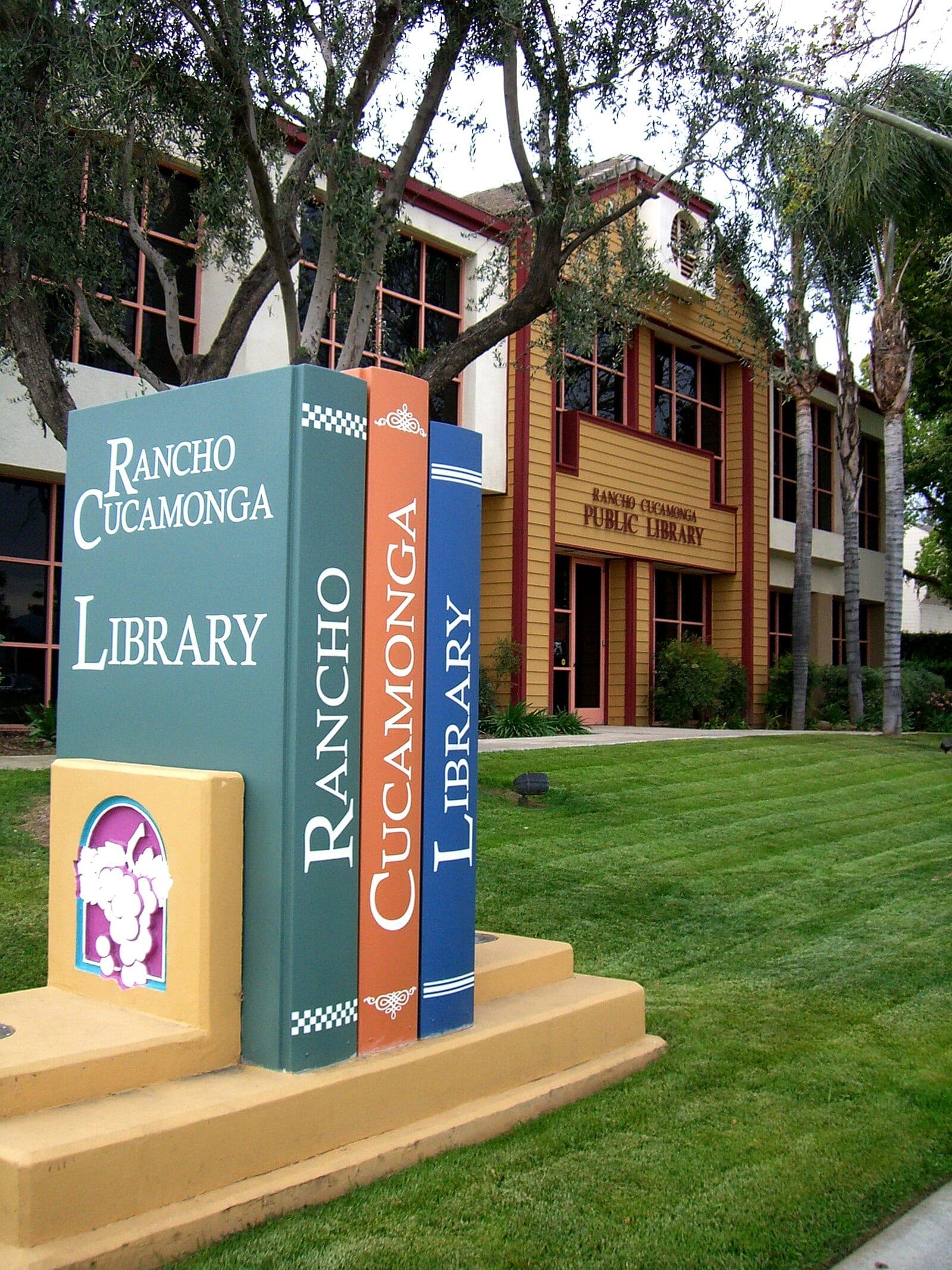 Rancho Cucamonga Library book-shaped sign in front of the Archibald Avenue library building