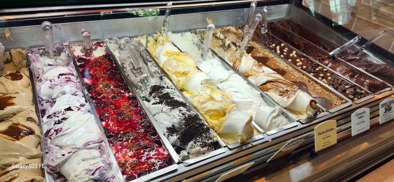 A gelato case lined with pans of swirled flavours, fruit ripples and chocolate among them, flavour cards along the front