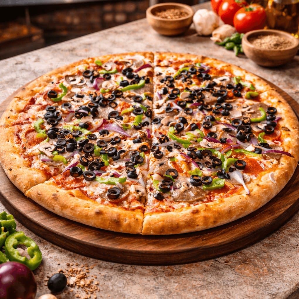 Brooklynz Pizza pie on a wooden board, topped with black olives, green pepper, mushroom and onion