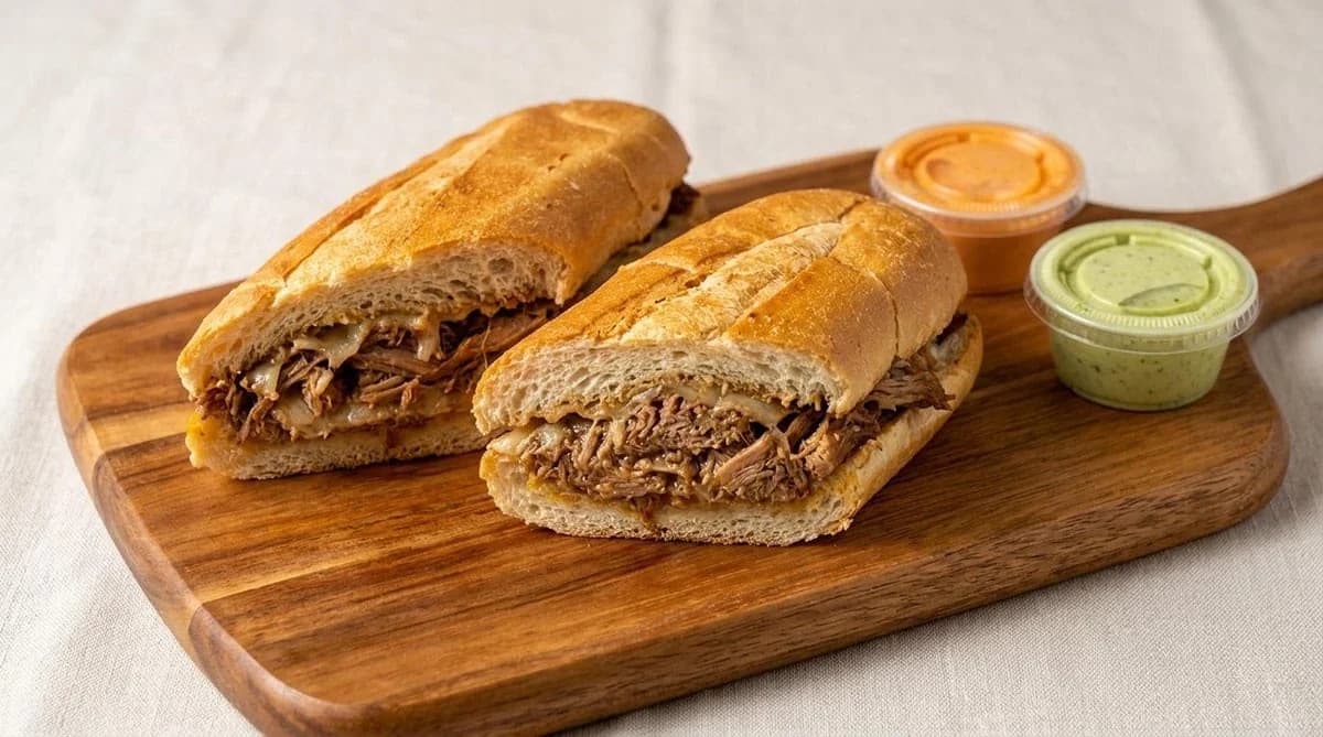 Shredded beef sandwich halves on a wooden board with two dipping sauces from Calle Ocho Cuban Cafecito