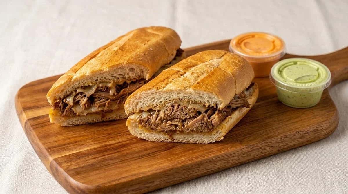 Shredded beef sandwich halves on a wooden board with two dipping sauces from Calle Ocho Cuban Cafecito