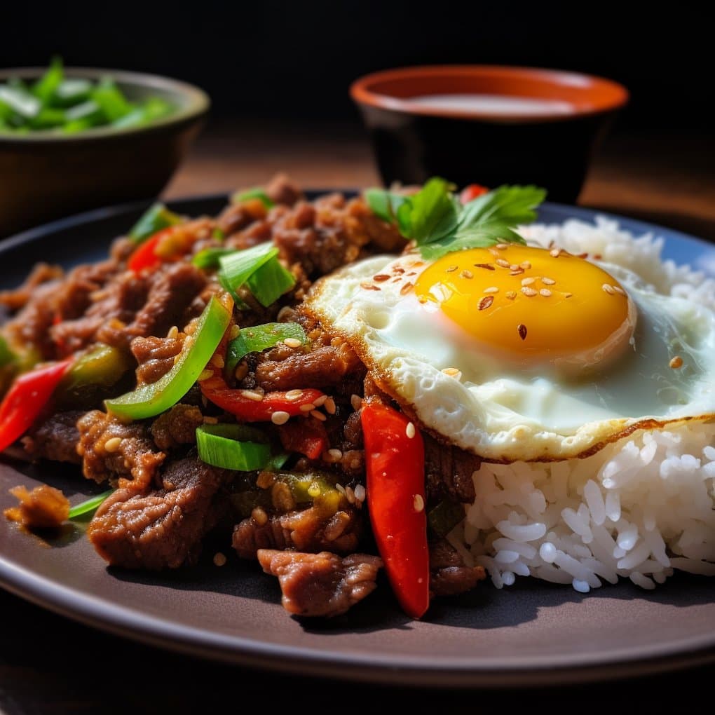 Stir-fried beef with peppers, a fried egg and white rice at Elephant Thai Restaurant