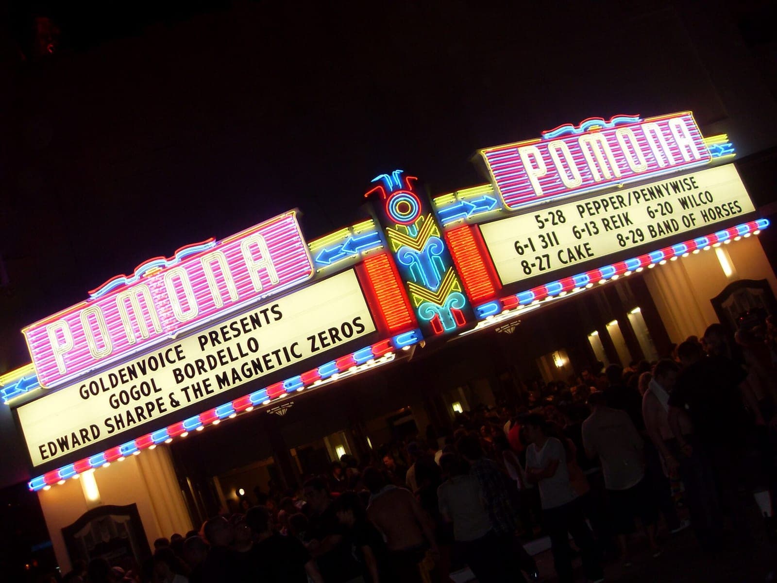The restored neon marquee of the Fox Theater in downtown Pomona at night