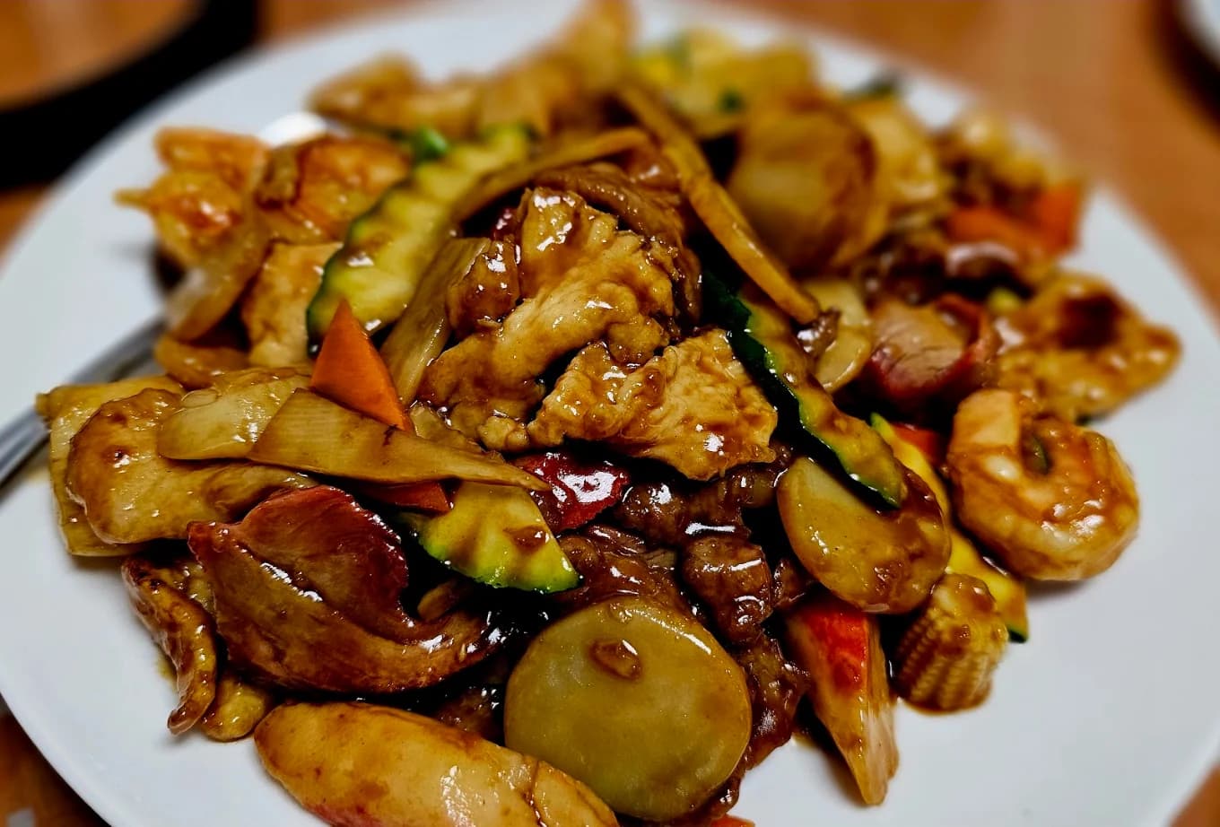 Stir-fried chicken, shrimp, pork, zucchini and water chestnuts in brown sauce at JW Chinese Cuisine