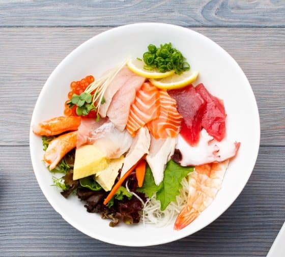 Chirashi bowl with salmon, tuna, shrimp, octopus, egg and greens from Kabuki Japanese Restaurant