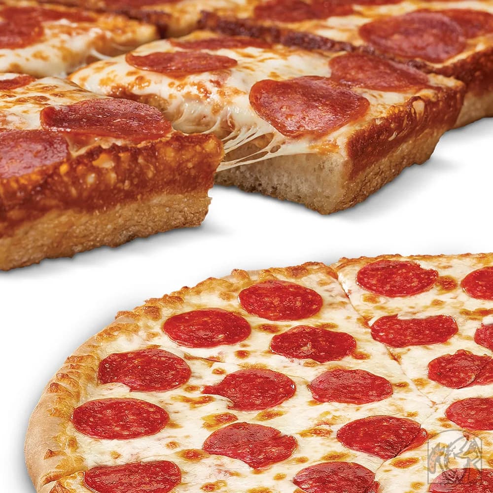 Round pepperoni pizza and a sliced deep-dish pepperoni pizza from Little Caesars Pizza