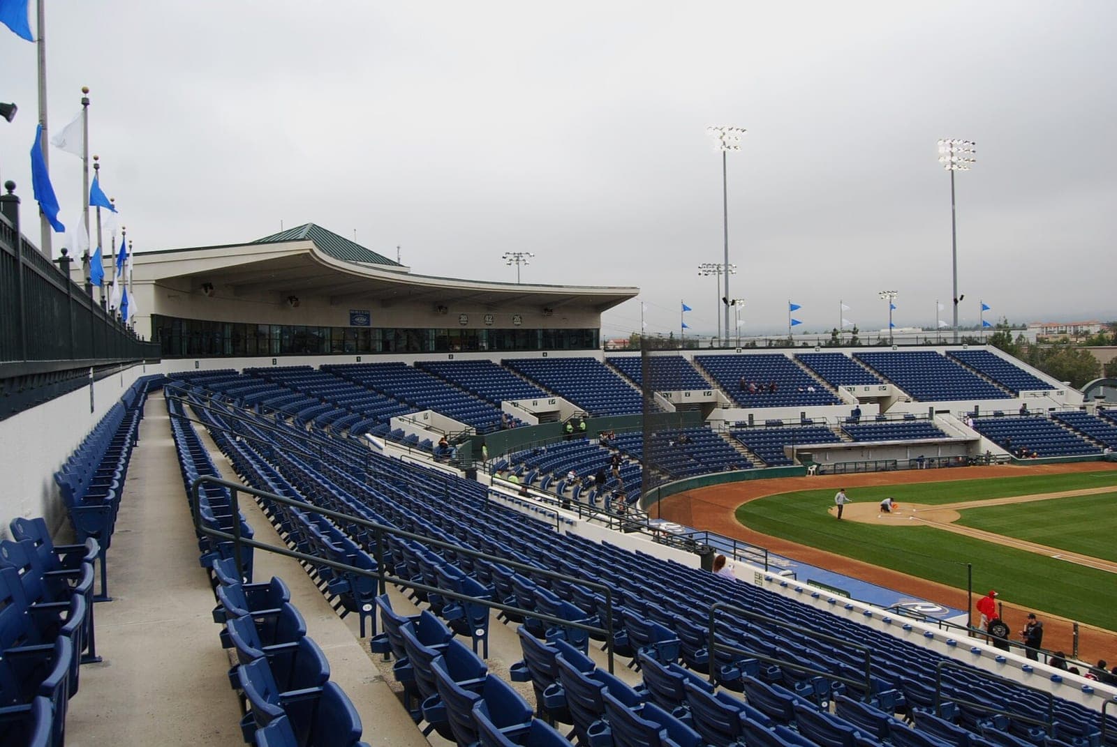 The Epicenter ballpark grandstand and diamond in Rancho Cucamonga on a clear day
