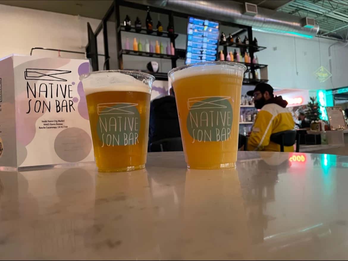 Two plastic cups of beer printed with the Native Son logo on a marble counter, bar shelves behind