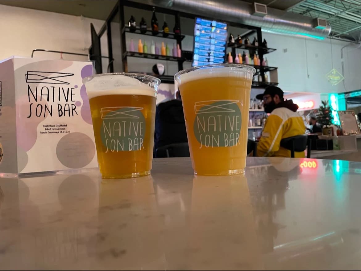 Two plastic cups of beer printed with the Native Son logo on a marble counter, bar shelves behind
