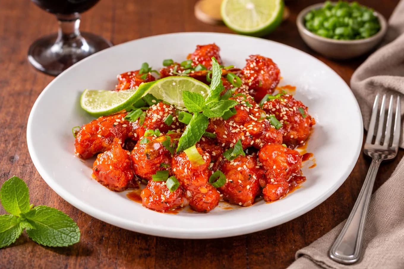 Plate of red-glazed chicken with sesame, scallions, mint and lime at Parry’s Indian cuisine