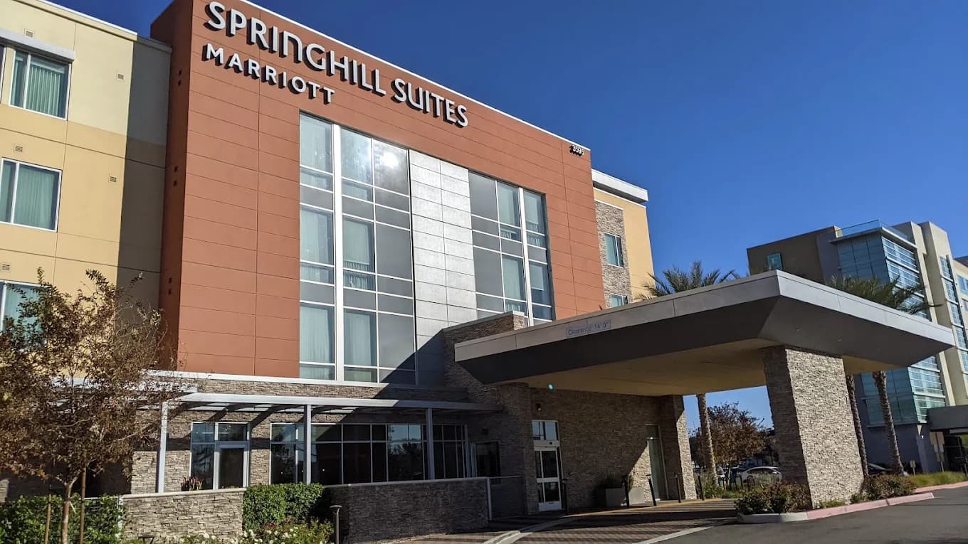 Front of SpringHill Suites Ontario Airport/Rancho Cucamonga, with Marriott lettering and a covered entrance canopy