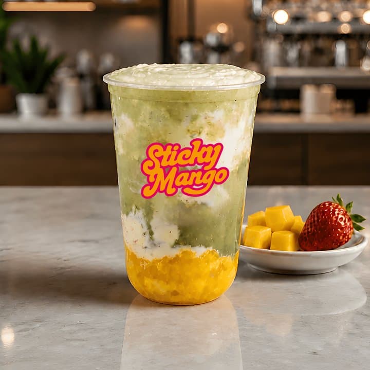 Layered green and mango drink in a Sticky Mango cup with mango cubes and a strawberry on a plate
