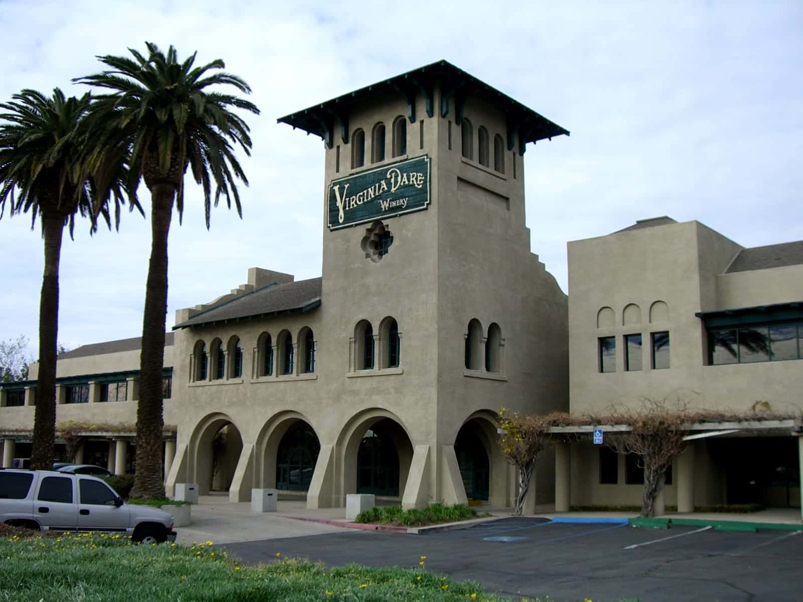 The 1908 Mission-style tower of the former Virginia Dare Winery above the office plaza at Foothill and Haven