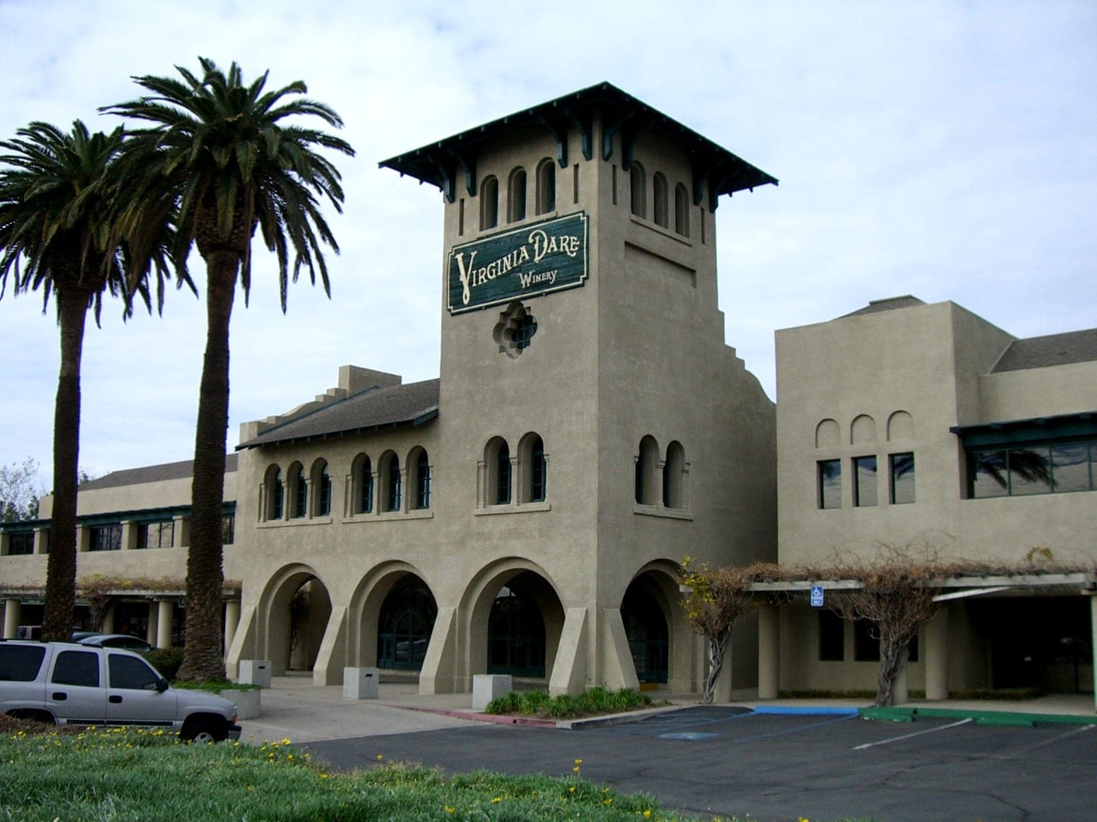 The 1908 Mission-style tower of the former Virginia Dare Winery above the office plaza at Foothill and Haven