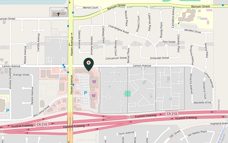 Map showing the location of Aloha K Hawaii BBQ in Rancho Cucamonga, California
