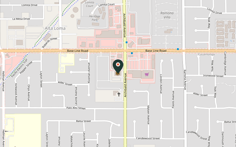 Map showing the location of Archibald Library at 7368 Archibald Ave, Rancho Cucamonga