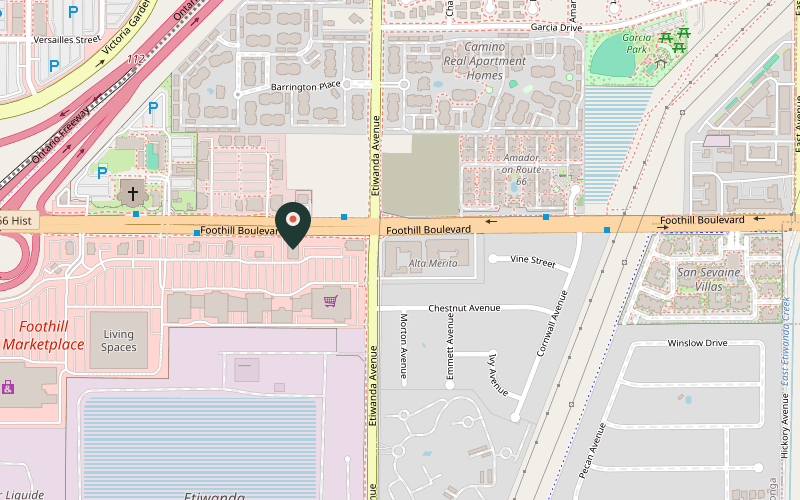 Map showing the location of Asia Buffet in Rancho Cucamonga, California