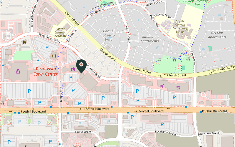 Map showing the location of Boba Fiend Tea House at 10768 Foothill Blvd, Rancho Cucamonga