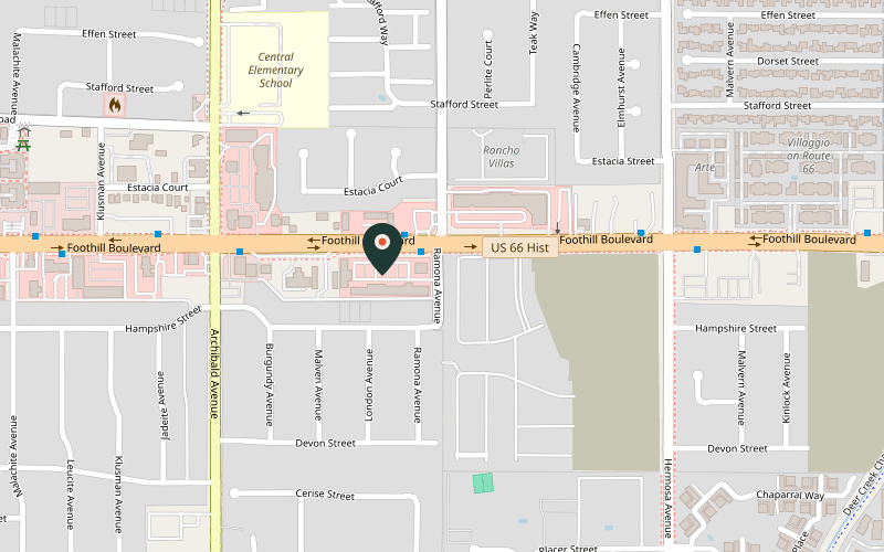 Map showing the location of Bright Star Thai Vegan at 9819 Foothill Blvd Ste F, Rancho Cucamonga