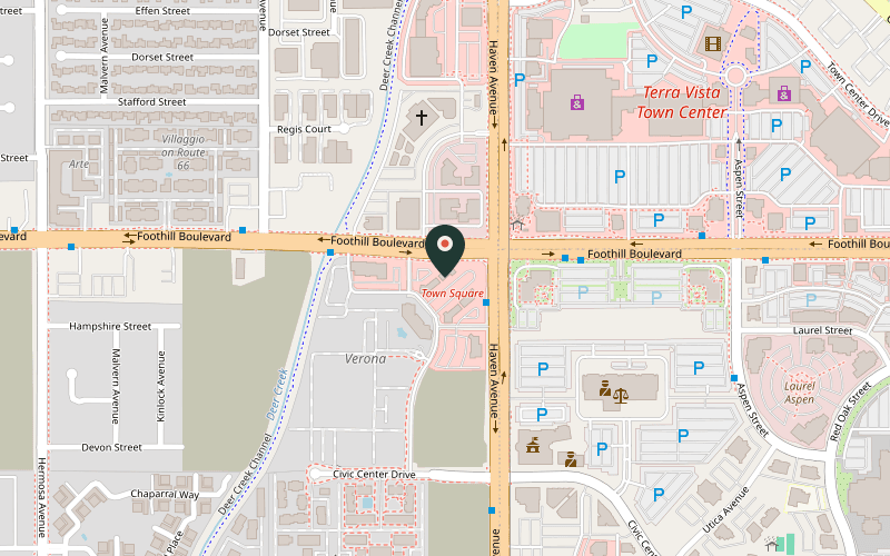 Map showing the location of Brooklynz Pizza Rancho Cucamonga in Rancho Cucamonga, California