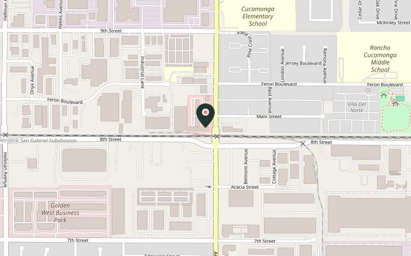 Map showing the location of Calle Ocho Cuban Cafecito at 8880 Archibald Ave, Ste C, Rancho Cucamonga