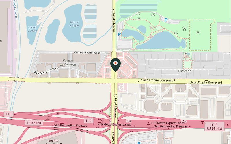 Map showing the location of Cucamonga-Guasti Regional Park at 800 N Archibald Ave, Ontario