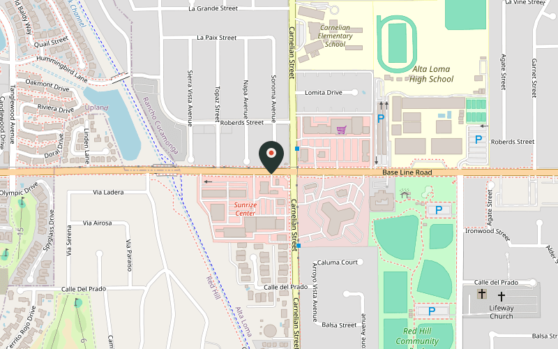 Map showing the location of Cucamonga Pizza House in Rancho Cucamonga, California