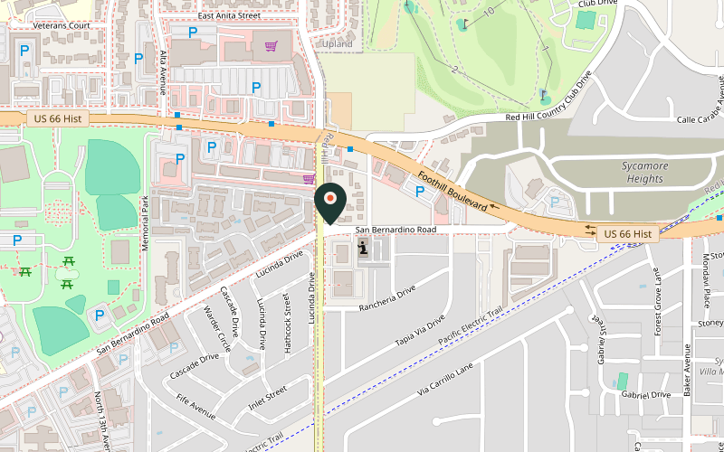 Map showing the location of Deane's Bar and Thrill at 8108 San Bernardino Rd, Rancho Cucamonga