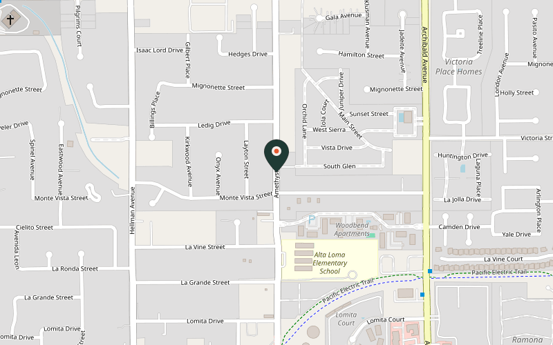Map showing the location of Dr. Strange Records at 7136 Amethyst Ave, Rancho Cucamonga