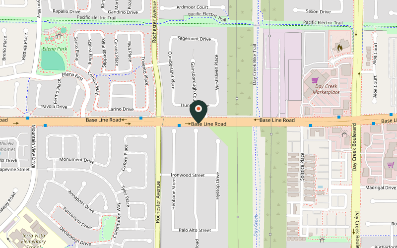 Map showing the location of Durango Cocina & Rooftop at 12255 Base Line Rd, Rancho Cucamonga