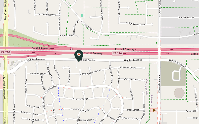 Map showing the location of The Etiwanda Roadhouse at 12583 Highland Ave, Rancho Cucamonga
