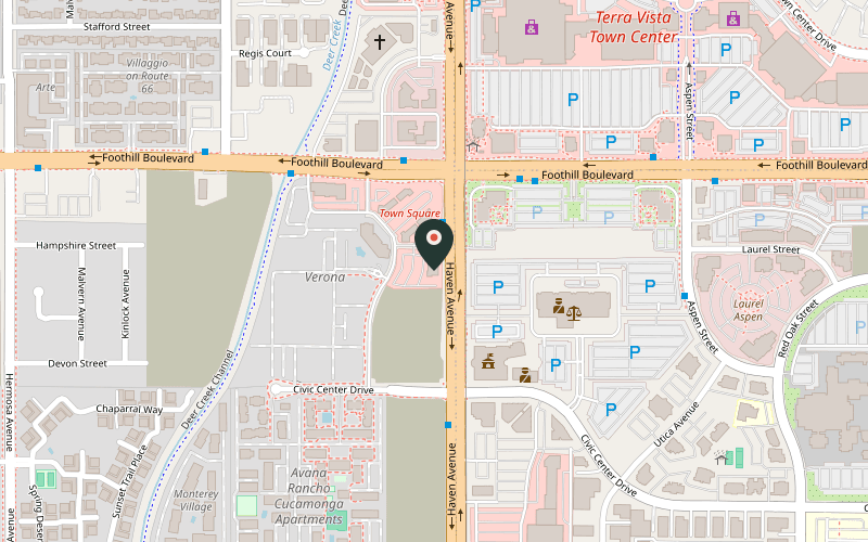 Map showing the location of Gina's Kitchen in Rancho Cucamonga, California