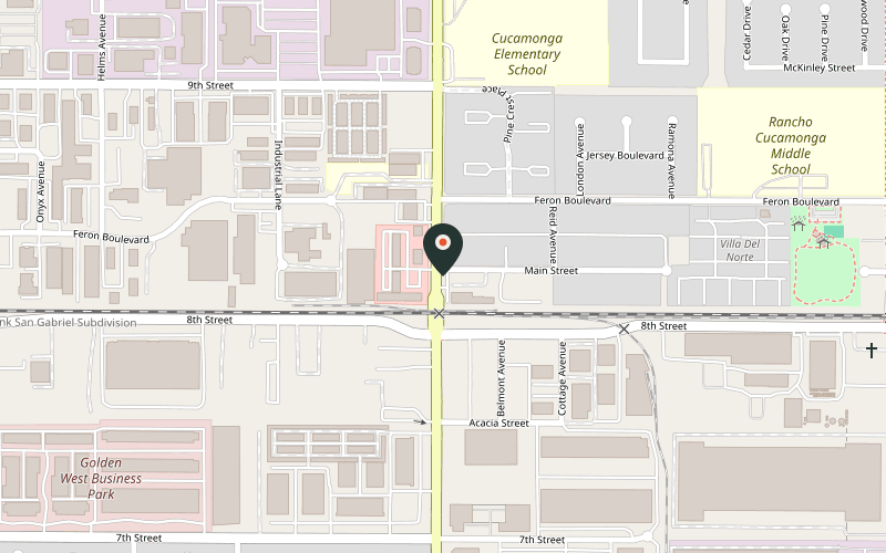 Map showing the location of Hamilton Family Brewery in Rancho Cucamonga, California