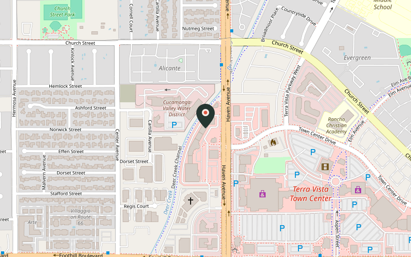 Map showing the location of Haven Haus Cafe in Rancho Cucamonga, California