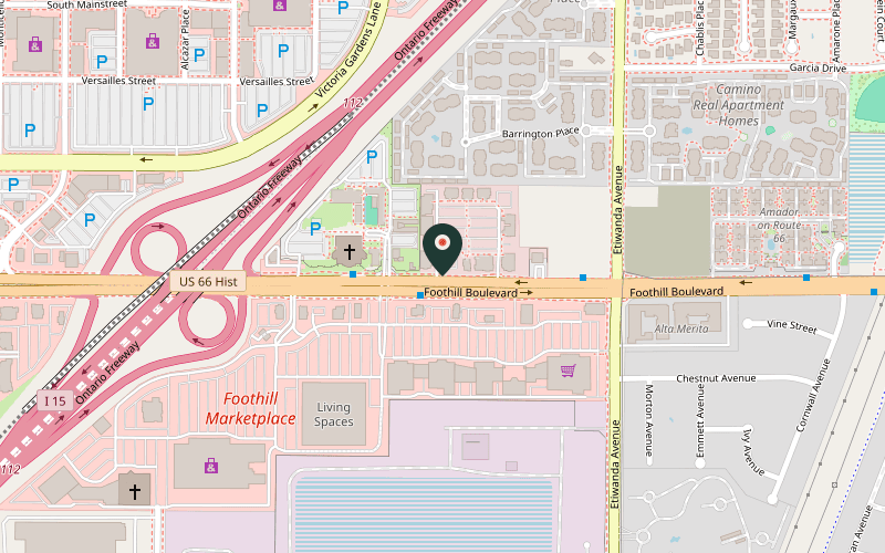 Map showing the location of International Restaurant Village in Rancho Cucamonga, California