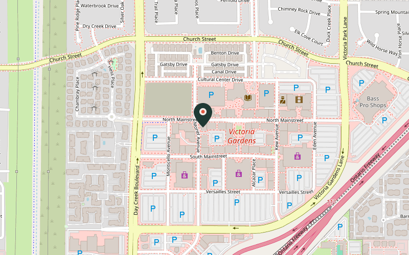 Map showing the location of King's Fish House at 12427 N Mainstreet, Rancho Cucamonga