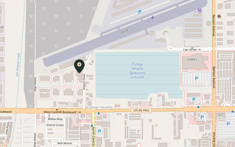 Map showing the location of Last Name Brewing at 2120 W Airport Dr, Upland