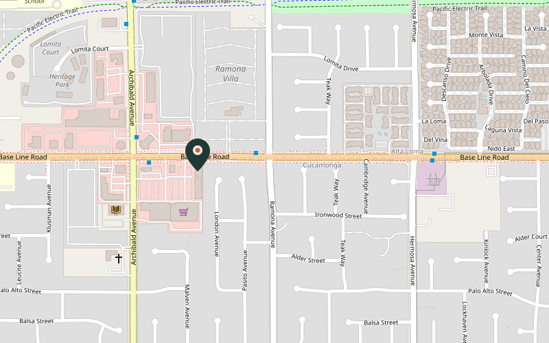 Map showing the location of Little Caesars Pizza in Rancho Cucamonga, California