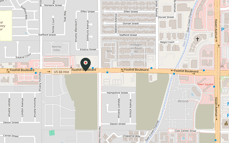 Map showing the location of Mustang Sally's Saloon at 10028 Foothill Blvd, Rancho Cucamonga