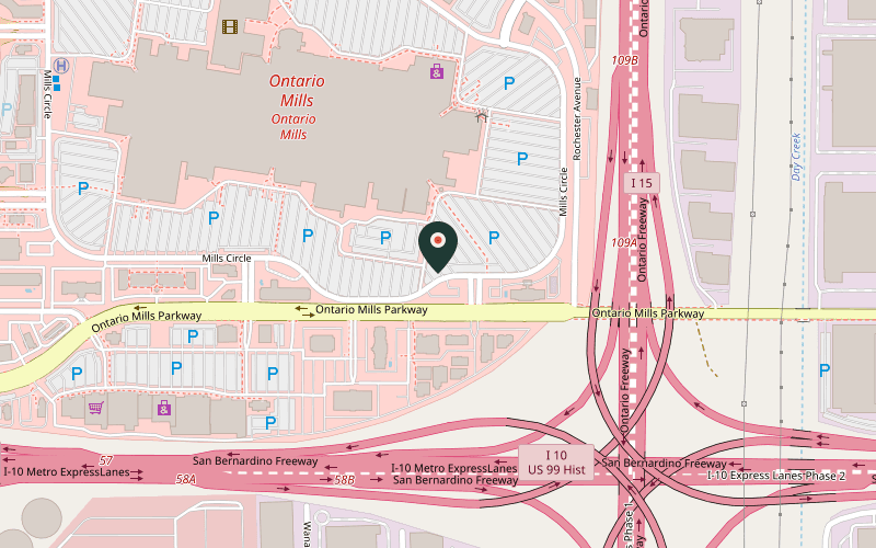 Map showing the location of Ontario Improv at 4555 Mills Circle, Ontario