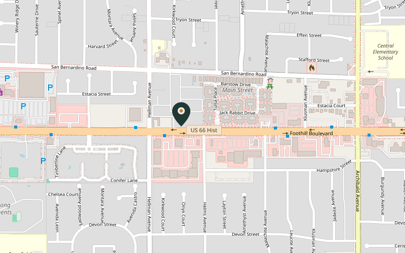 Map showing the location of Pepe's Finest Mexican Food in Rancho Cucamonga, California