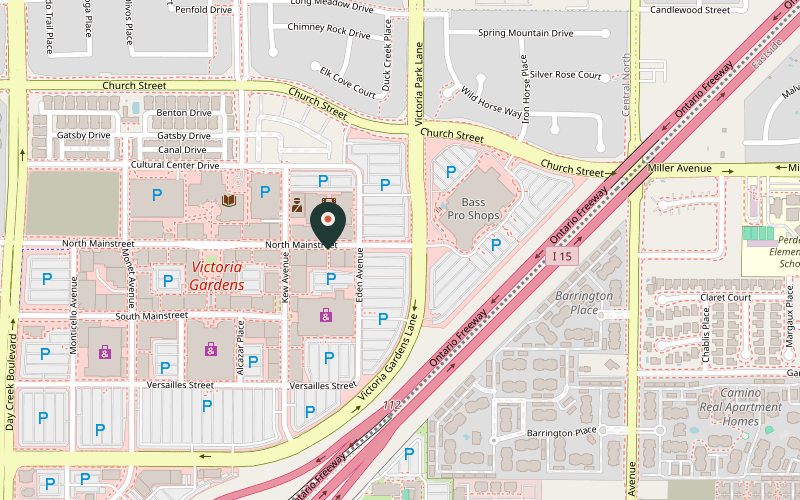 Map showing the location of Punch Bowl Social at 12635 N. Mainstreet, Rancho Cucamonga