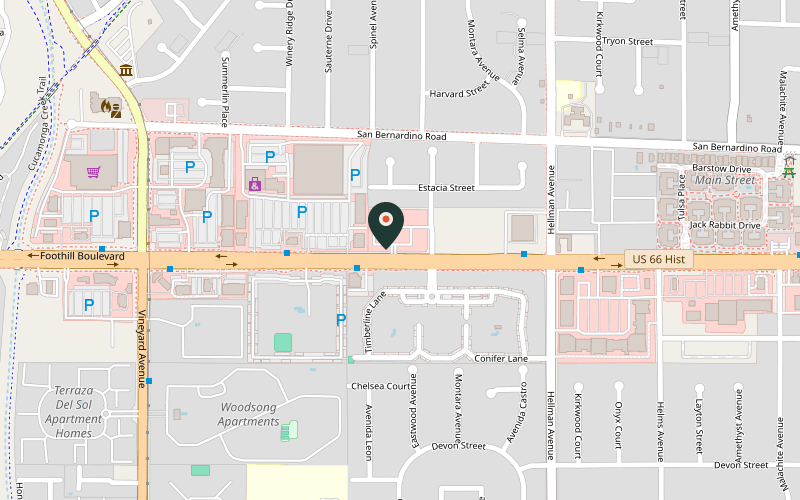 Map showing the location of Pupusería Doña María at 9134 Foothill Blvd, Rancho Cucamonga
