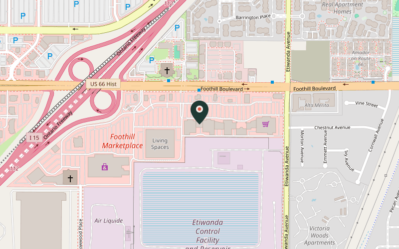 Map showing the location of Qamaria Yemeni Coffee Co. at 12729 W Foothill Blvd, Rancho Cucamonga