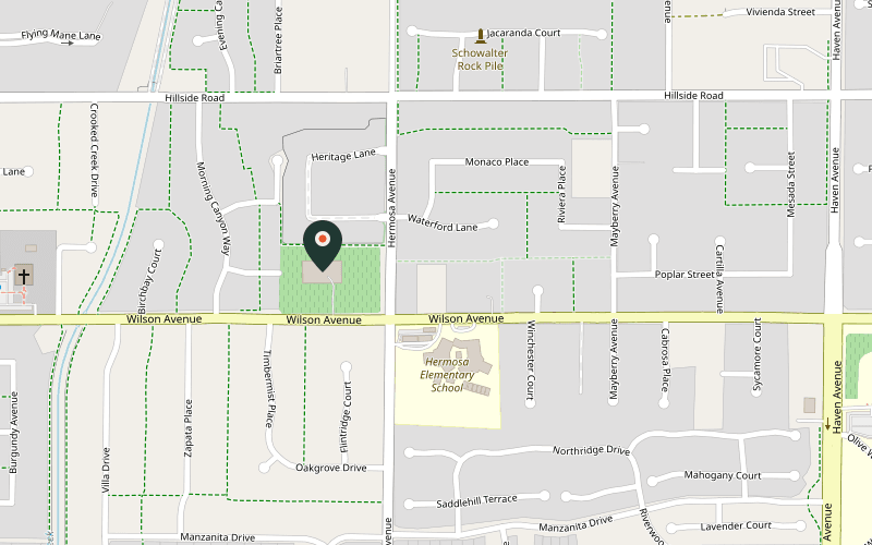 Map showing the location of Rancho de Philo Winery at 10050 Wilson Ave, Rancho Cucamonga