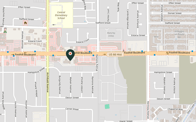 Map showing the location of RAW Kitchen & Cantina in Rancho Cucamonga, California
