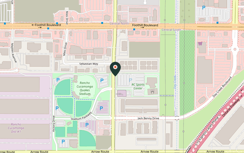 Map showing the location of RC Sports Center at 8303 Rochester Ave, Rancho Cucamonga