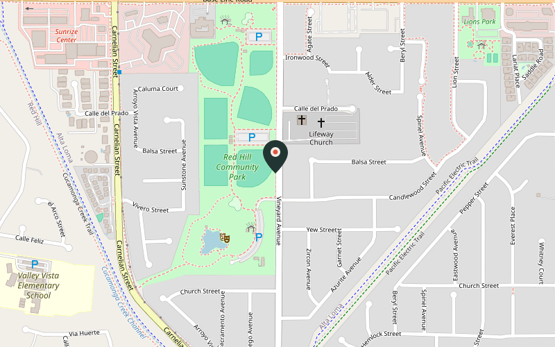 Map showing the location of Red Hill Community Park at 7484 Vineyard Ave, Rancho Cucamonga