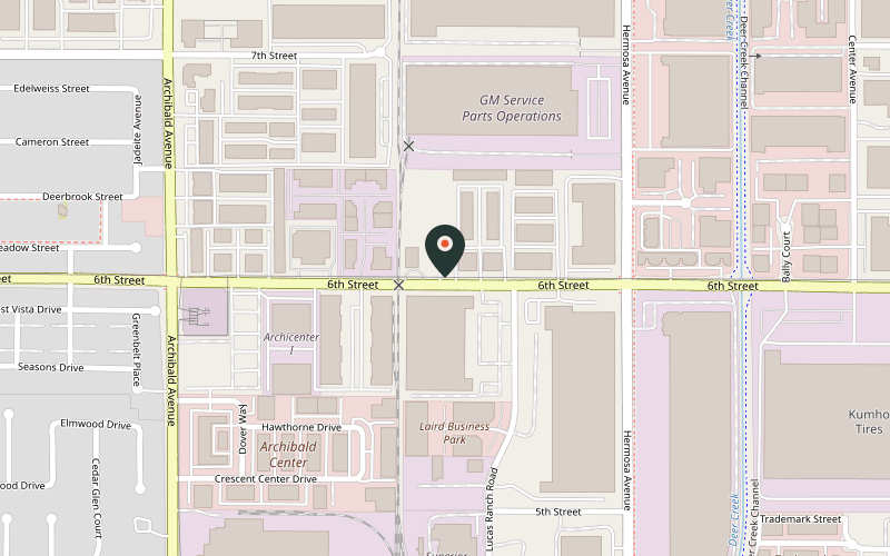 Map showing the location of Rowdy's Brew Co. at 10002 6th St, Rancho Cucamonga