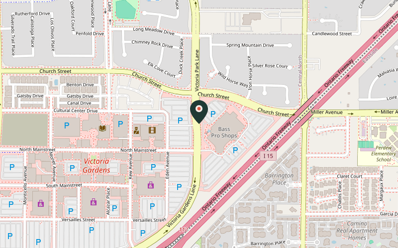Map showing the location of Shakey's Pizza Parlor in Rancho Cucamonga, California